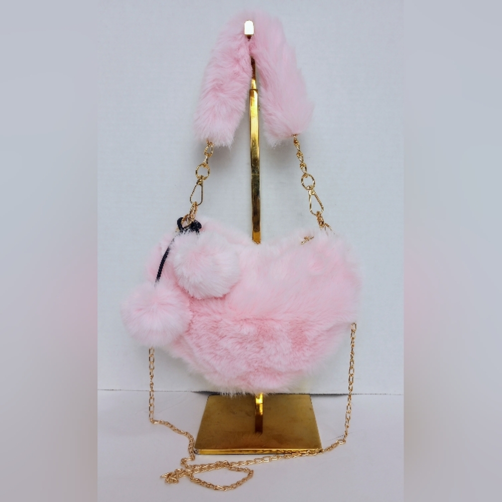 NEW Pink Faux Fur Heart-Shaped Crossbody Bag with pompons - Picture 5 of 7
